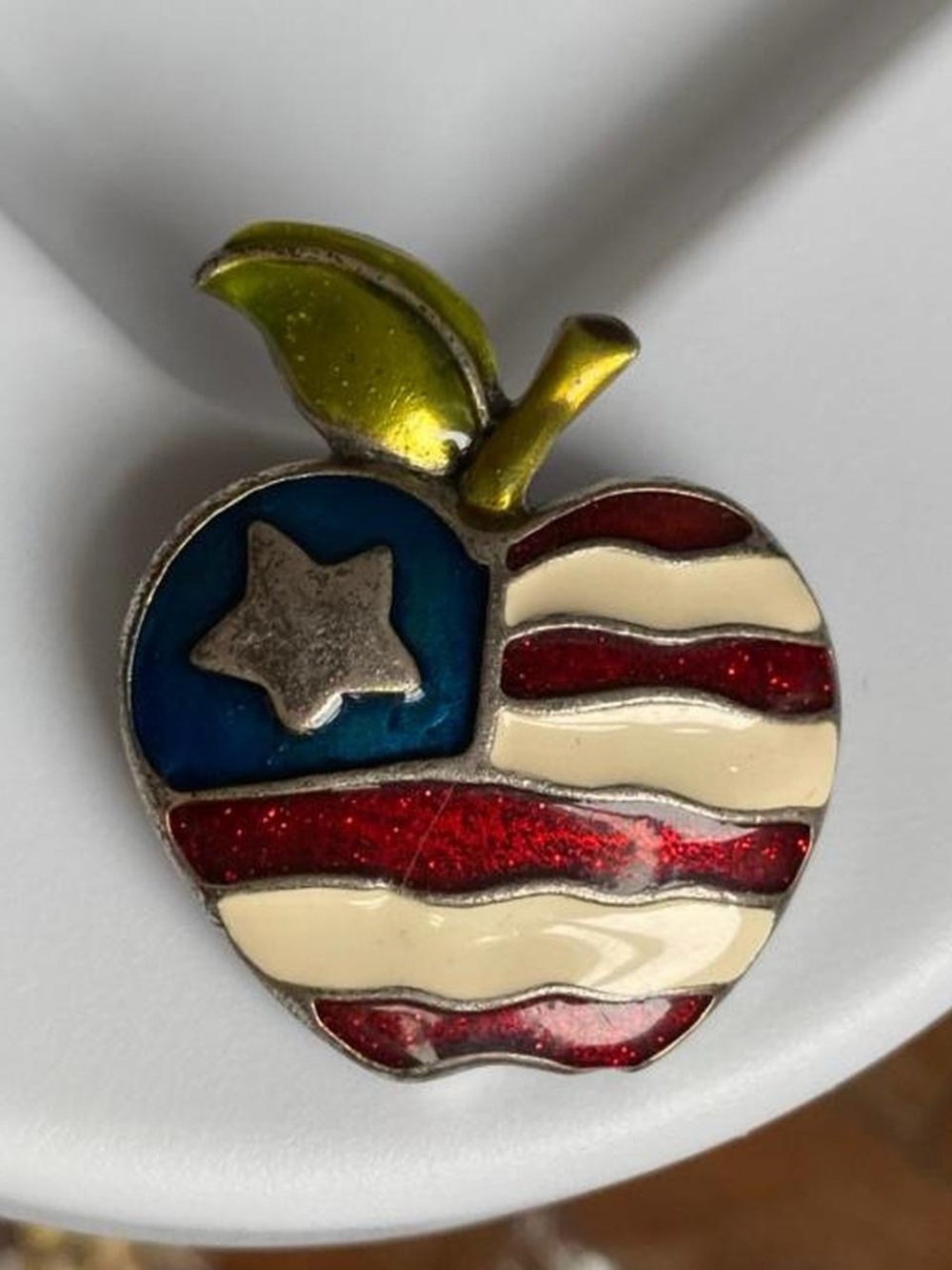 Vintage Signed AJMC American Flag Apple Red White & Blue Brooch Pin Retro USA